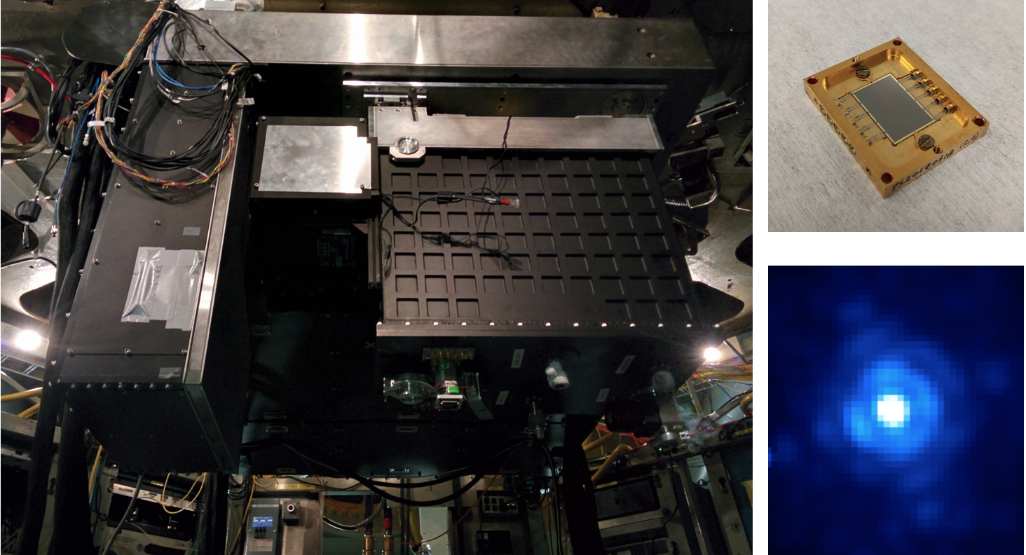 Left: DARKNESS mounted with the SDC and P3K in the Palomar 200-inch Cassegrain cage; Top right: 10000 Pixel MKID array in microwave package; Bottom right: DARKNESS image of P3K white light source